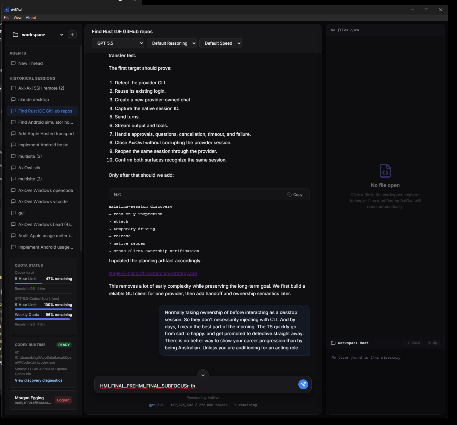 AxiOwl IDE with session list, streamed conversation, and workspace pane