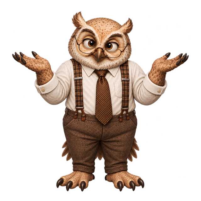 AxiOwl owl shrugging with open hands