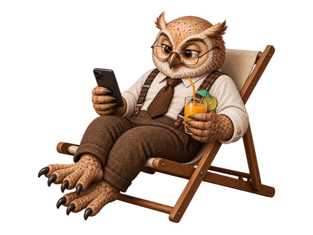 AxiOwl owl relaxing with a phone and drink