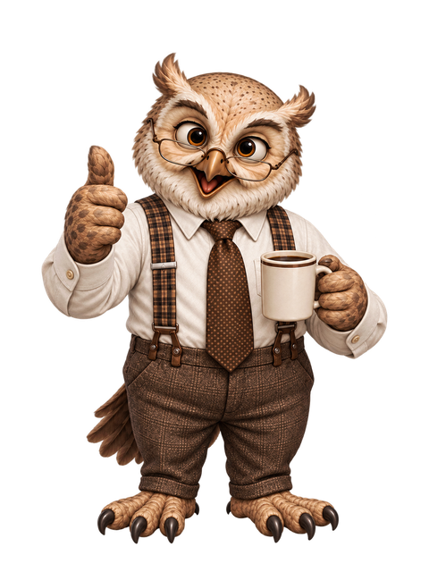 AxiOwl owl holding coffee and giving a thumbs-up