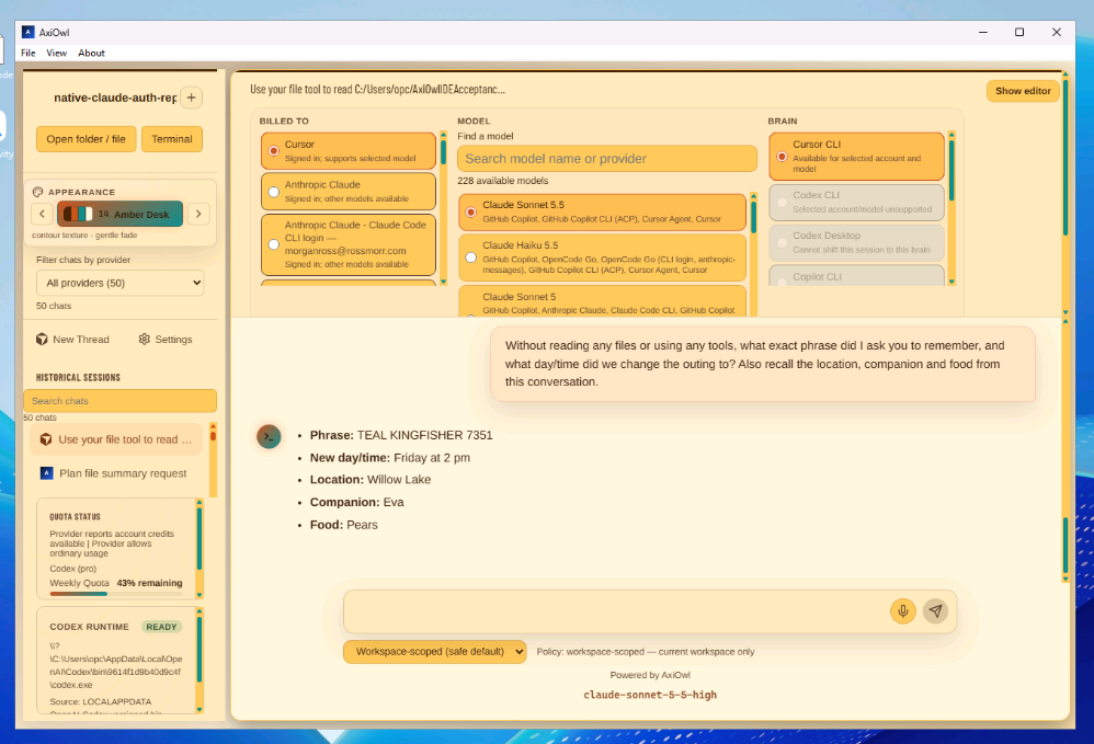 AxiOwl IDE showing provider account, model and brain selection above a conversation.
